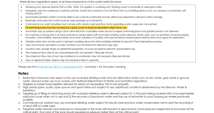 Cape Town pool cover law - City of Cape Town Water By-law requiring solar bubble pool covers to reduce evaporation.